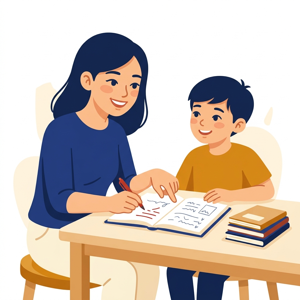Cartoon illustration of a tutor giving customised written feedback to a primary school student