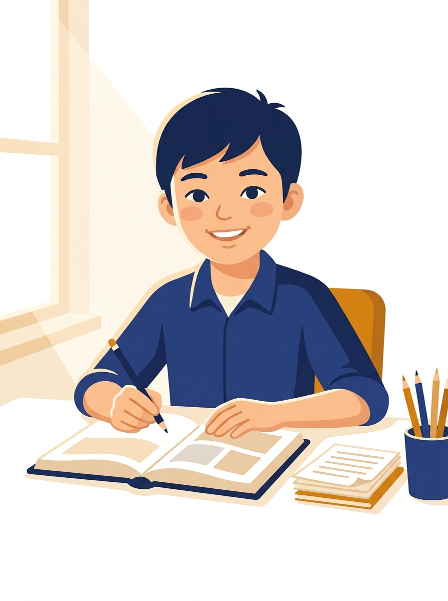 Cartoon illustration of a smiling primary school student studying at a desk